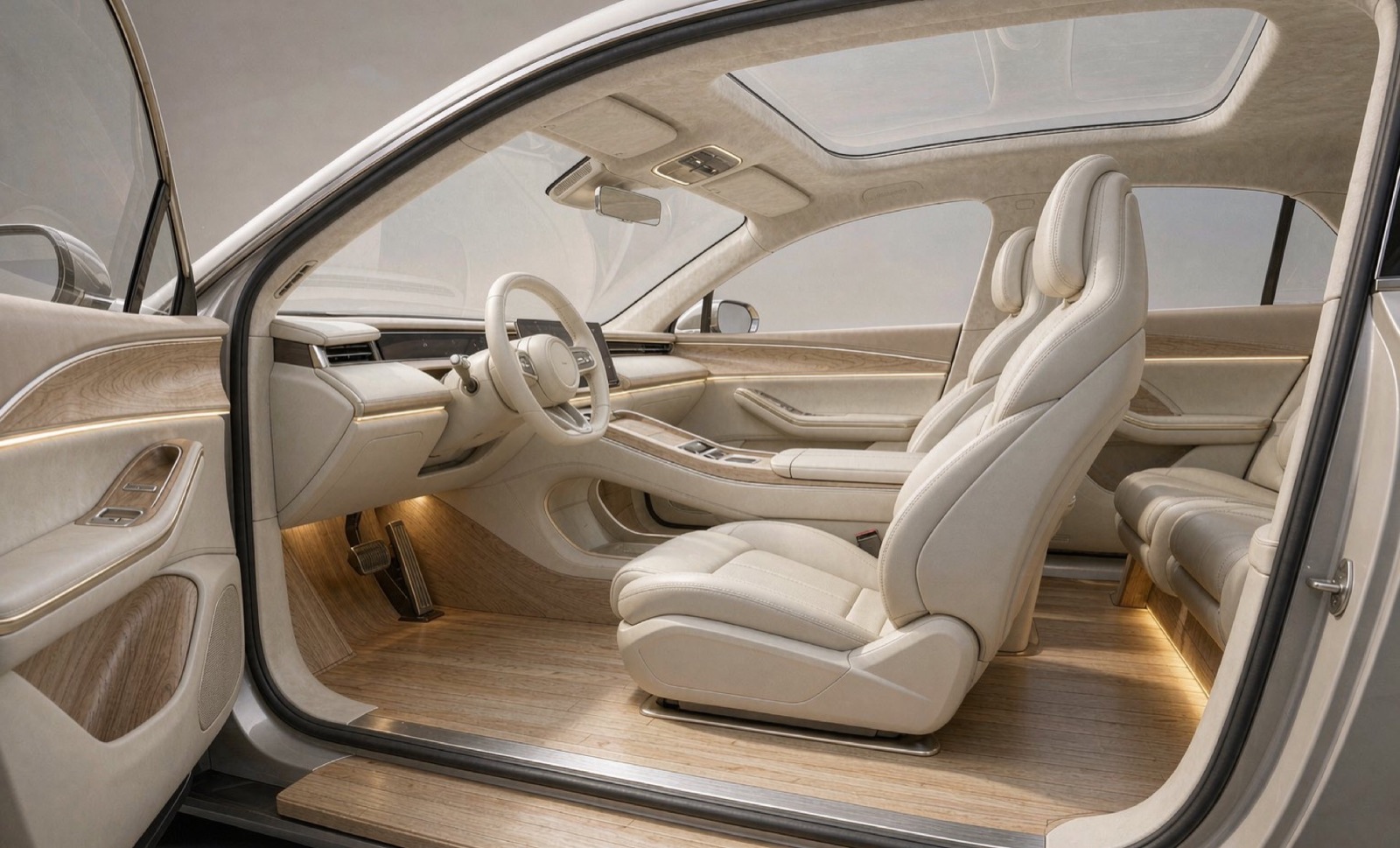 Premium electric vehicle interior with a real wood floor kit installed across the cabin