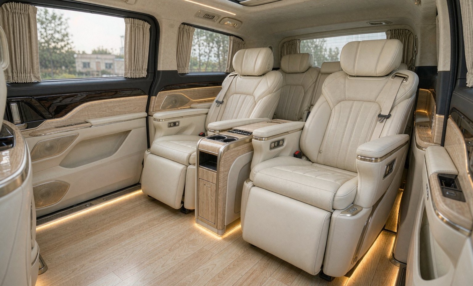 Wide cabin view of a finished wooden floor kit in a flagship SUV